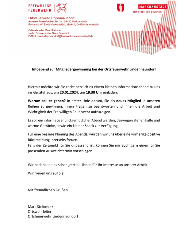 Infoabend zur Mitgliedergewinnung bei der Ortsfeuerwehr Lindennaundorf